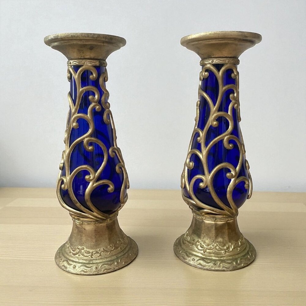 Pair of 10" Cobalt Blue Glass Candle Holders with Brass Filigree Design
